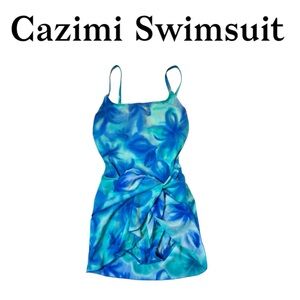 NWOT Cazimi Blue Floral Swimsuit With Wrap Around Skirt Size 10
